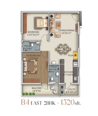 Floor plan of 2 BHK 1320 Sq. Ft. Apartment in Myra Leora, Hyderabad
