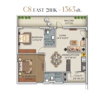 Floor plan of 2 BHK 1365 Sq. Ft. Apartment in Myra Leora, Hyderabad