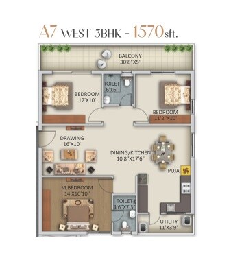Floor plan of 3 BHK 1570 Sq. Ft. Apartment in Myra Leora, Hyderabad