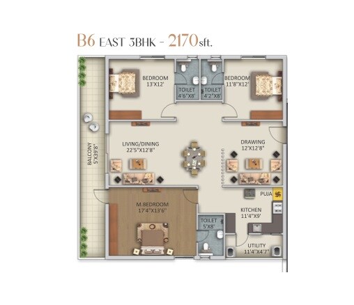 Floor plan of 3 BHK 2170 Sq. Ft. Apartment in Myra Leora, Hyderabad