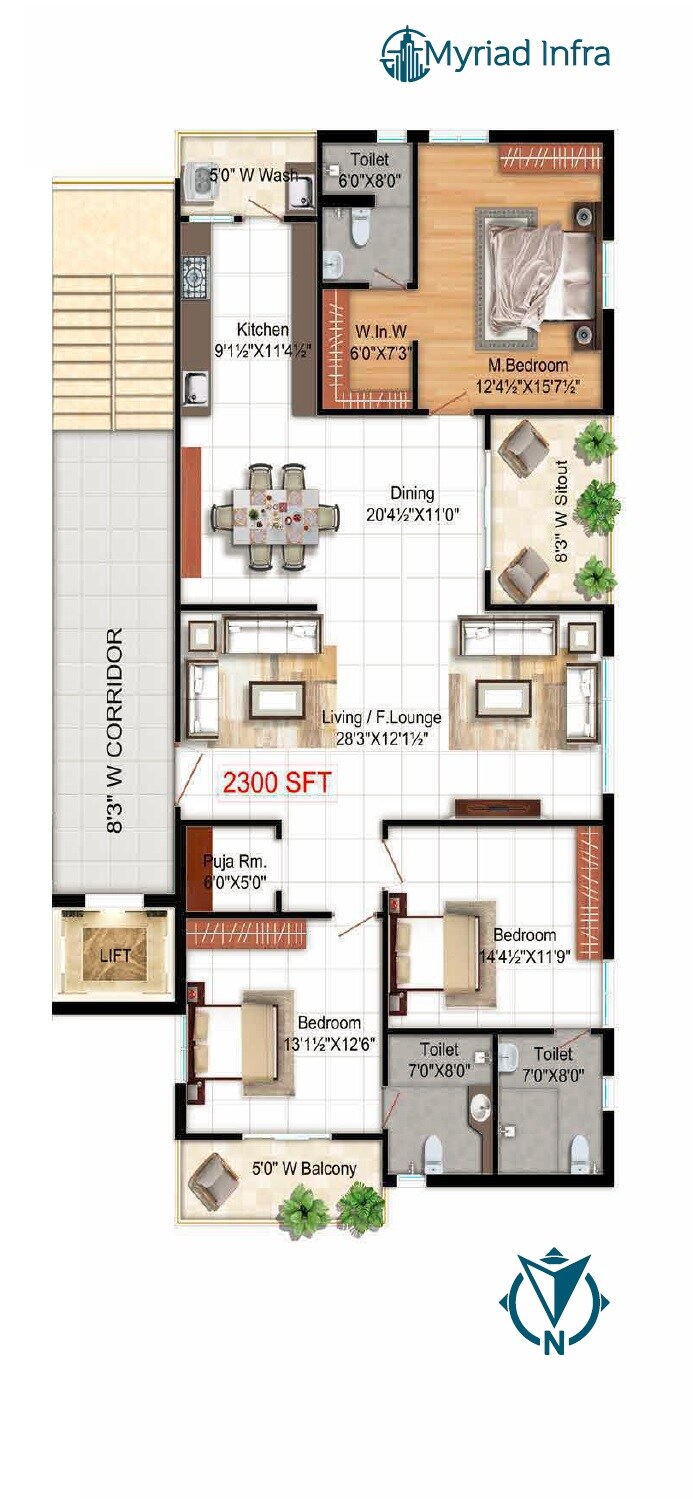 Floor plan of 3 BHK 2300 Sq. Ft. Apartment in Myriad Raagnya, Hyderabad