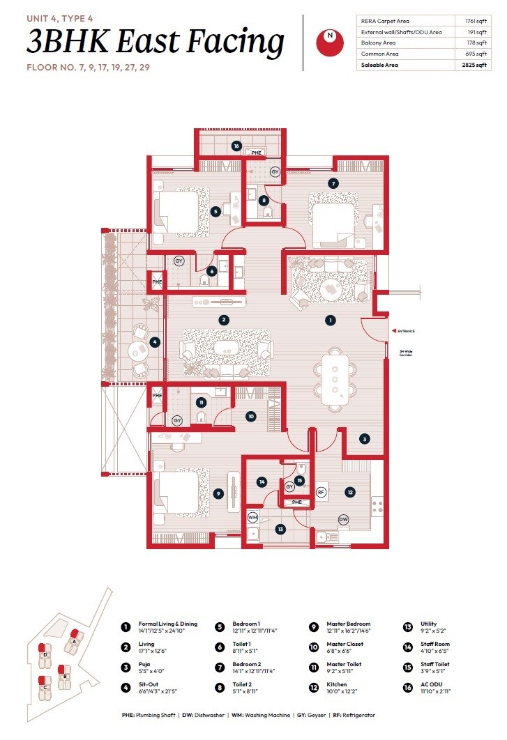 Floor plan of 3 BHK 2825 Sq. Ft. Apartment in Myscape Songs Of The Sun, Hyderabad