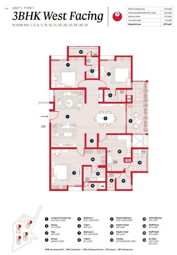 Floor plan of 3 BHK 2915 Sq. Ft. Apartment in Myscape Songs Of The Sun, Hyderabad