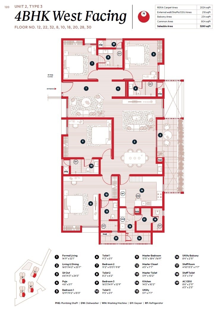 Floor plan of 4 BHK 3280 Sq. Ft. Apartment in Myscape Songs Of The Sun, Hyderabad
