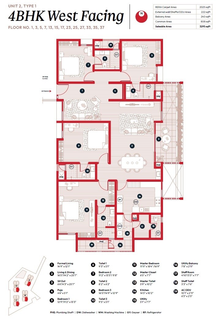 Floor plan of 4 BHK 3295 Sq. Ft. Apartment in Myscape Songs Of The Sun, Hyderabad