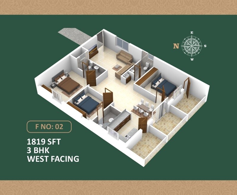 Floor plan of 3 BHK 1819 Sq. Ft. Apartment in Naman Nature Vista, Hyderabad