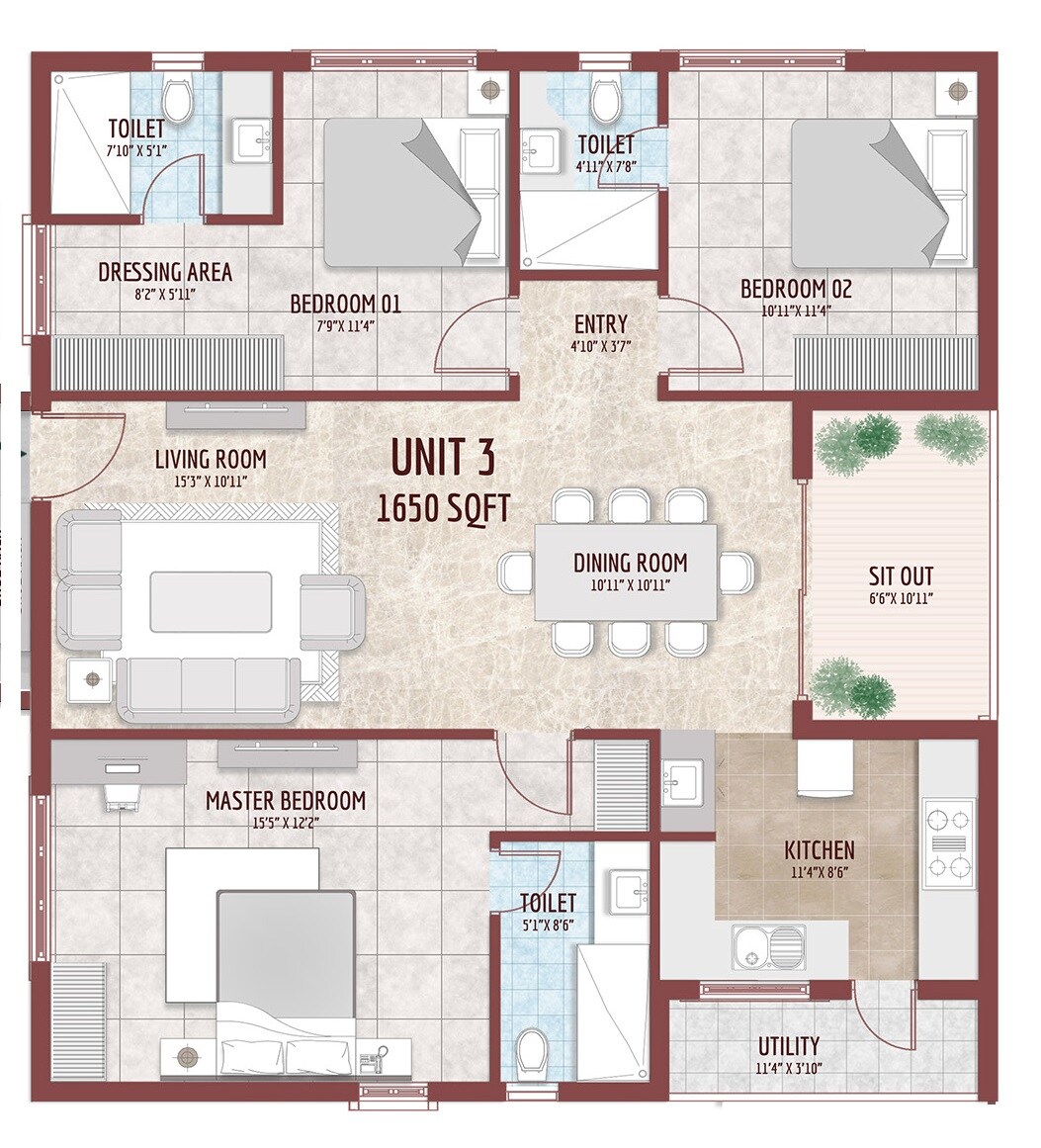 Floor plan of 3 BHK 1650 Sq. Ft. Apartment in Namishree Aria, Hyderabad