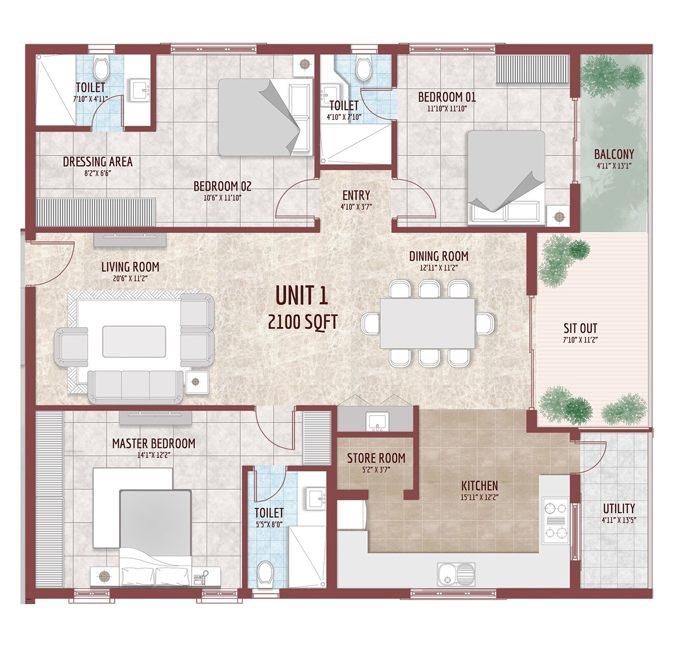 Floor plan of 3 BHK 2100 Sq. Ft. Apartment in Namishree Aria, Hyderabad