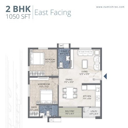 Floor plan of 2 BHK 1050 Sq. Ft. Apartment in Namishree BPS Twin Towers, Hyderabad