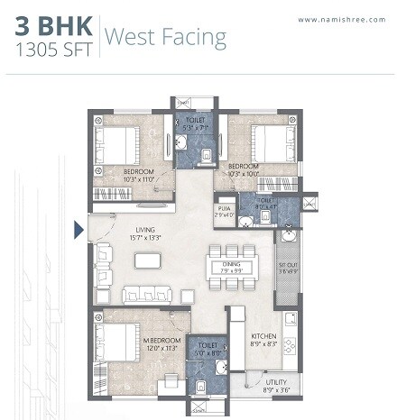 Floor plan of 3 BHK 1305 Sq. Ft. Apartment in Namishree BPS Twin Towers, Hyderabad