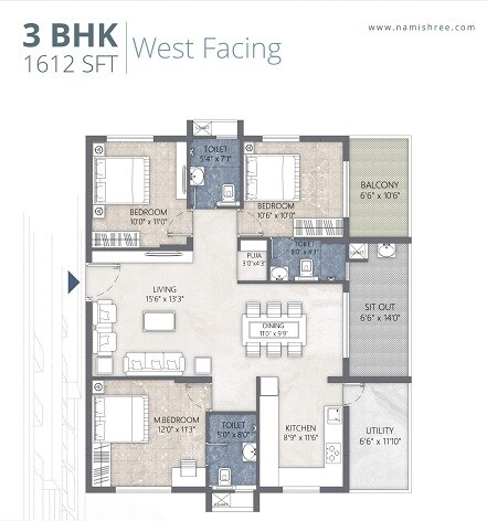 Floor plan of 3 BHK 1612 Sq. Ft. Apartment in Namishree BPS Twin Towers, Hyderabad