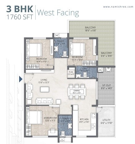 Floor plan of 3 BHK 1760 Sq. Ft. Apartment in Namishree BPS Twin Towers, Hyderabad