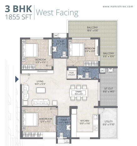 Floor plan of 3 BHK 1855 Sq. Ft. Apartment in Namishree BPS Twin Towers, Hyderabad