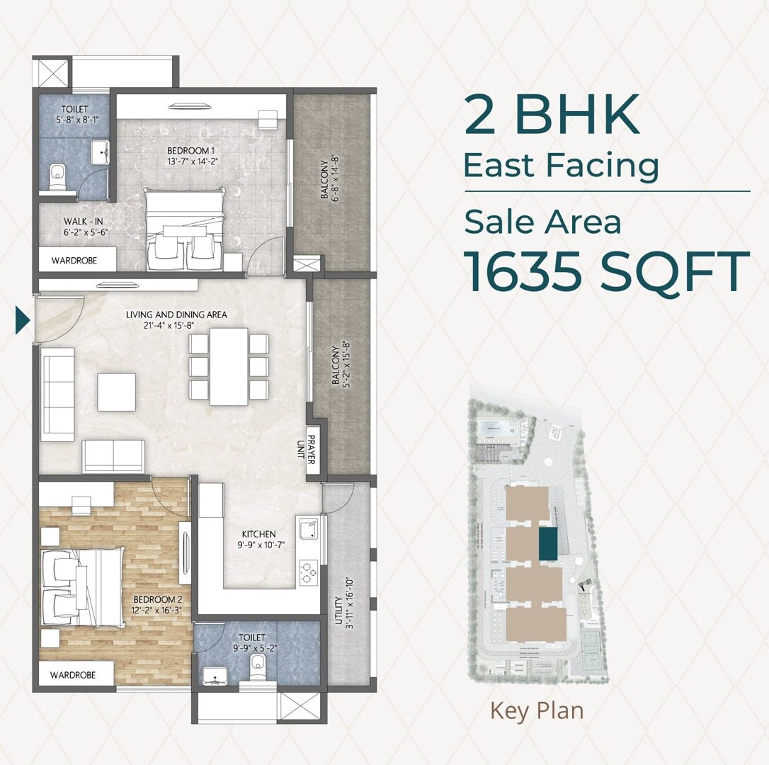 Floor plan of 2 BHK 1635 Sq. Ft. Apartment in Namishree Jewel, Hyderabad