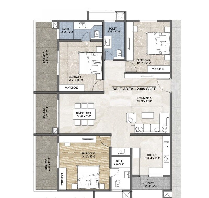 Floor plan of 3 BHK 2305 Sq. Ft. Apartment in Namishree Jewel, Hyderabad