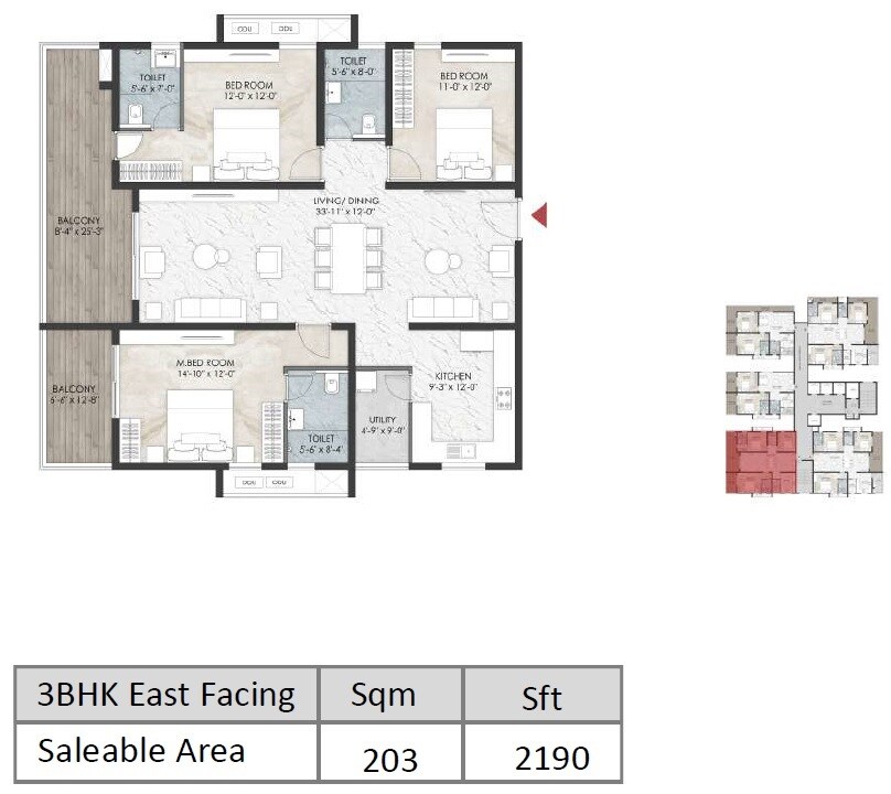 Floor plan of 3 BHK 2190 Sq. Ft. Apartment in Namishree Vrindavan, Hyderabad