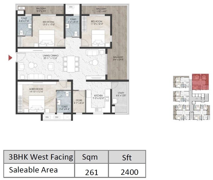 Floor plan of 3 BHK 2400 Sq. Ft. Apartment in Namishree Vrindavan, Hyderabad