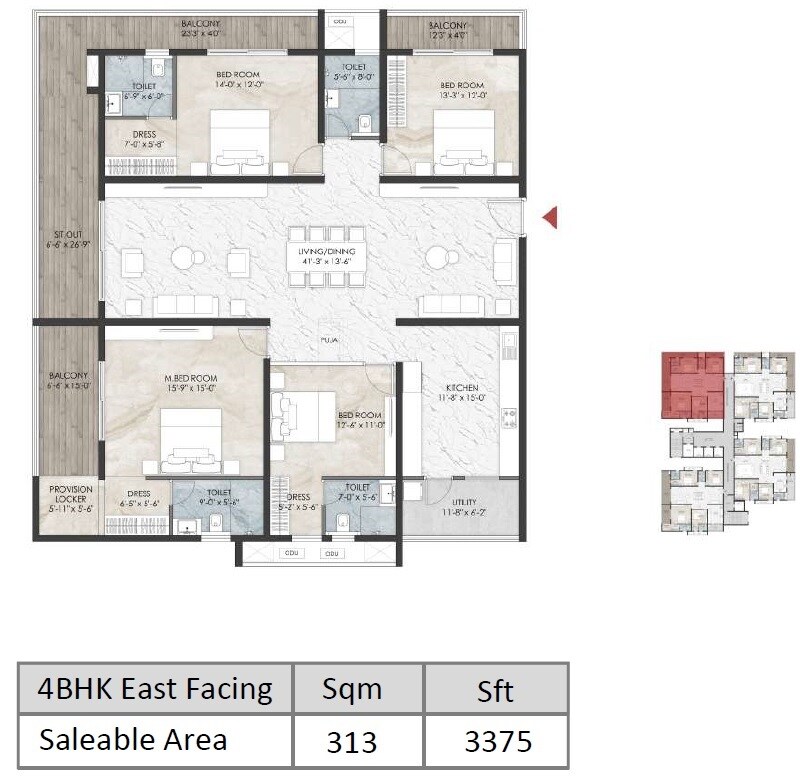 Floor plan of 4 BHK 3375 Sq. Ft. Apartment in Namishree Vrindavan, Hyderabad
