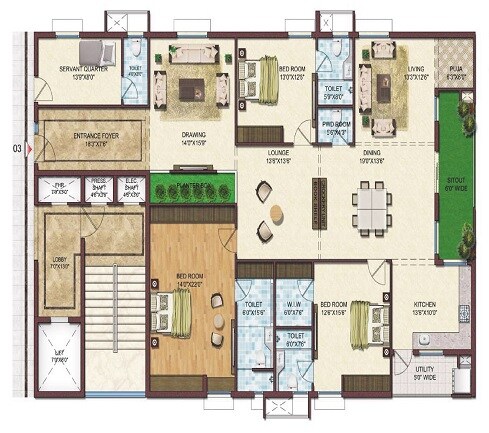Floor plan of 3 BHK 2427 Sq. Ft. Apartment in Namitha 360 Life, Hyderabad
