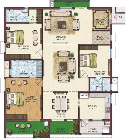 Floor plan of 3 BHK 2600 Sq. Ft. Apartment in Namitha 360 Life, Hyderabad