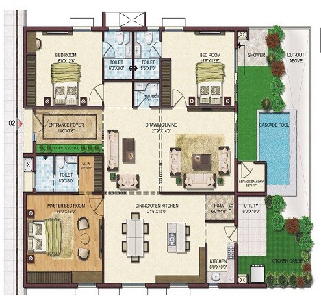 Floor plan of 3 BHK 3350 Sq. Ft. Apartment in Namitha 360 Life, Hyderabad