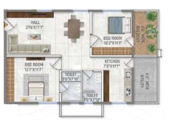 Floor plan of 2 BHK 1215 Sq. Ft. Apartment in Narenn Primark Inspira, Hyderabad