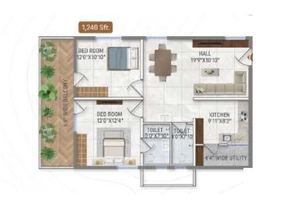 Floor plan of 2 BHK 1240 Sq. Ft. Apartment in Narenn Primark Inspira, Hyderabad
