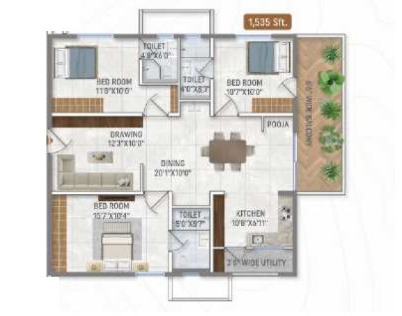 Floor plan of 3 BHK 1535 Sq. Ft. Apartment in Narenn Primark Inspira, Hyderabad