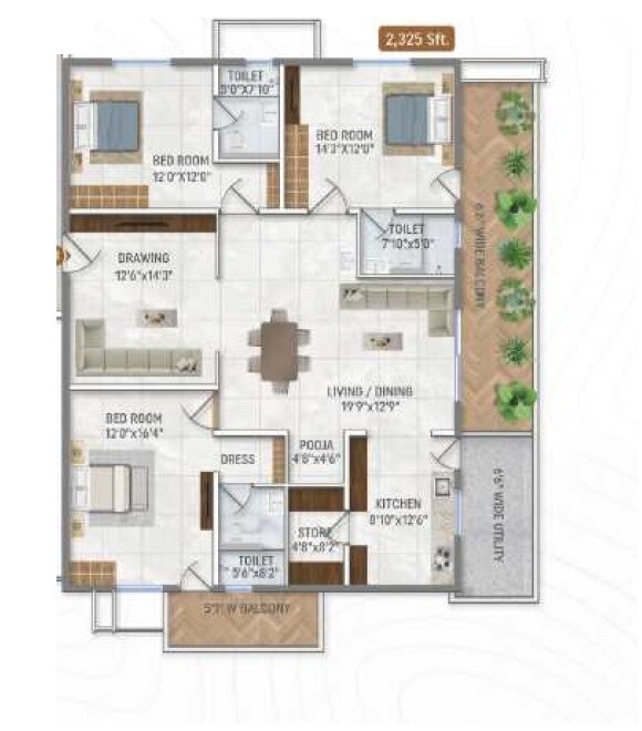 Floor plan of 3 BHK 2325 Sq. Ft. Apartment in Narenn Primark Inspira, Hyderabad