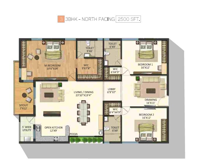 Floor plan of 3 BHK 2500 Sq. Ft. Apartment in Navanaami Willow Greens, Hyderabad