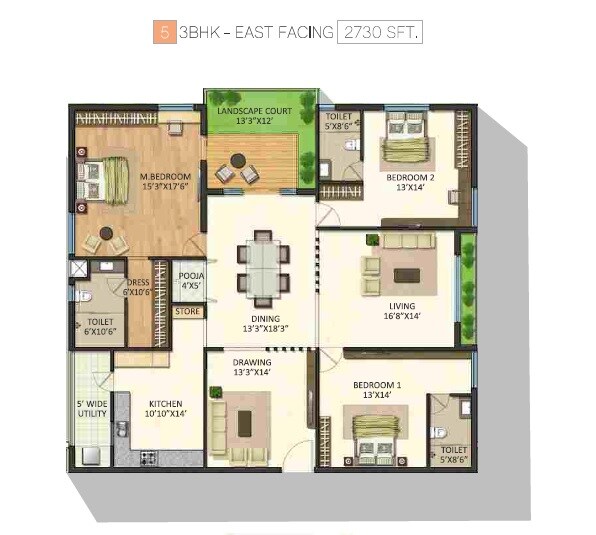 Floor plan of 3 BHK 2730 Sq. Ft. Apartment in Navanaami Willow Greens, Hyderabad