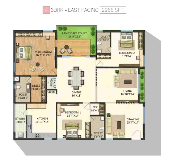 Floor plan of 3 BHK 2965 Sq. Ft. Apartment in Navanaami Willow Greens, Hyderabad