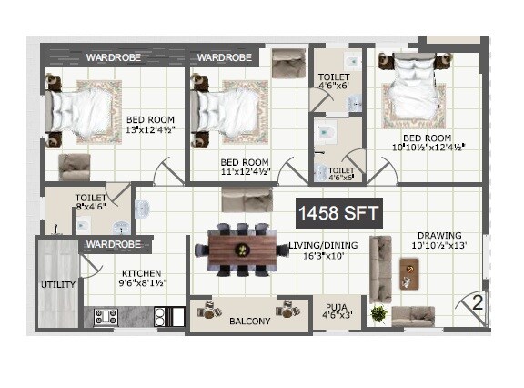 Floor plan of 3 BHK 1448 Sq. Ft. Apartment in Navya SS Arcadia, Hyderabad