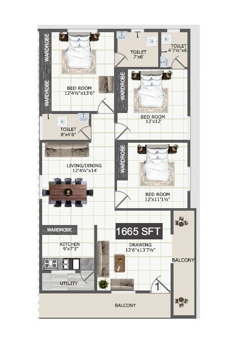 Floor plan of 3 BHK 1665 Sq. Ft. Apartment in Navya SS Arcadia, Hyderabad