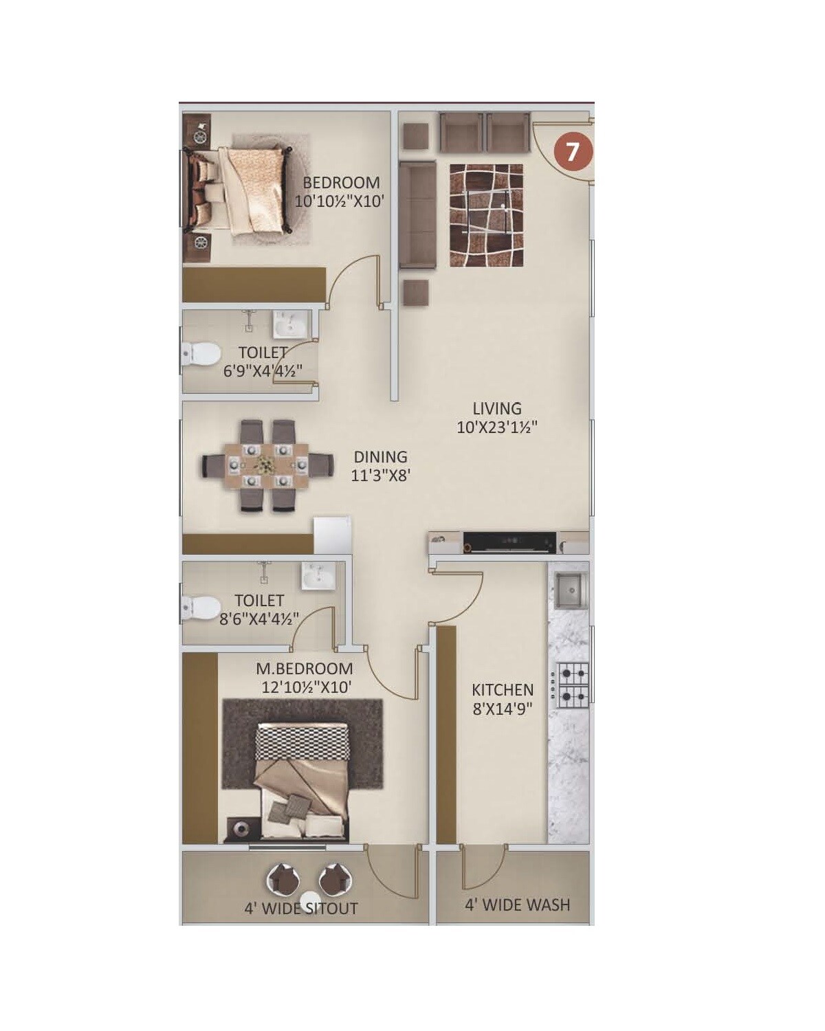 Floor plan of 2 BHK 1230 Sq. Ft. Apartment in Nayan Nature Ville, Hyderabad