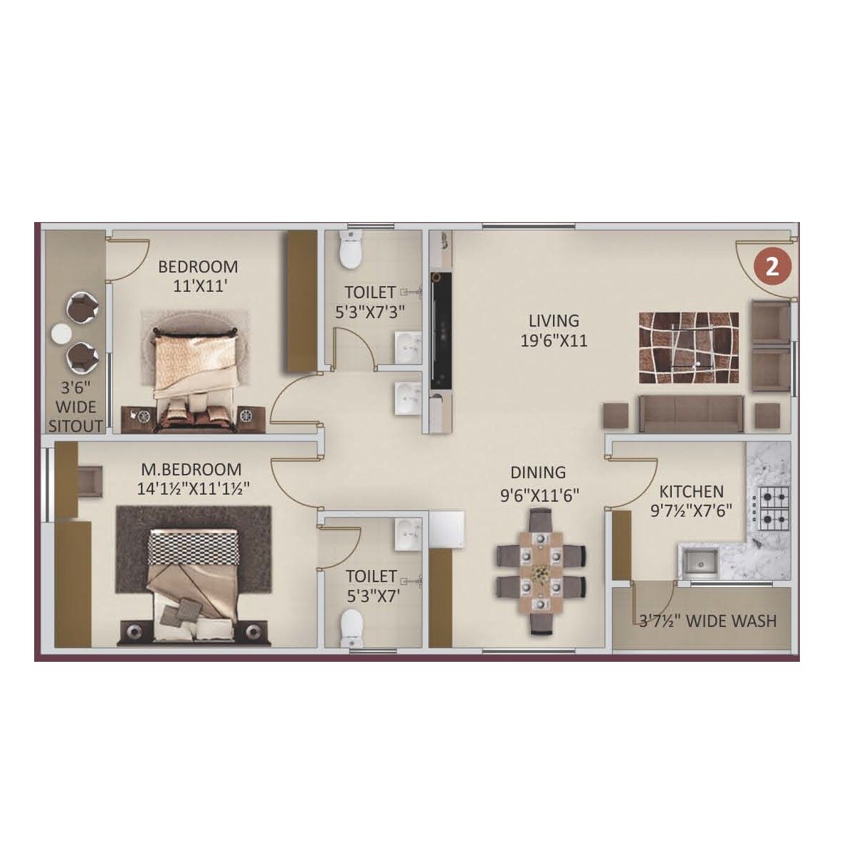 Floor plan of 2 BHK 1235 Sq. Ft. Apartment in Nayan Nature Ville, Hyderabad