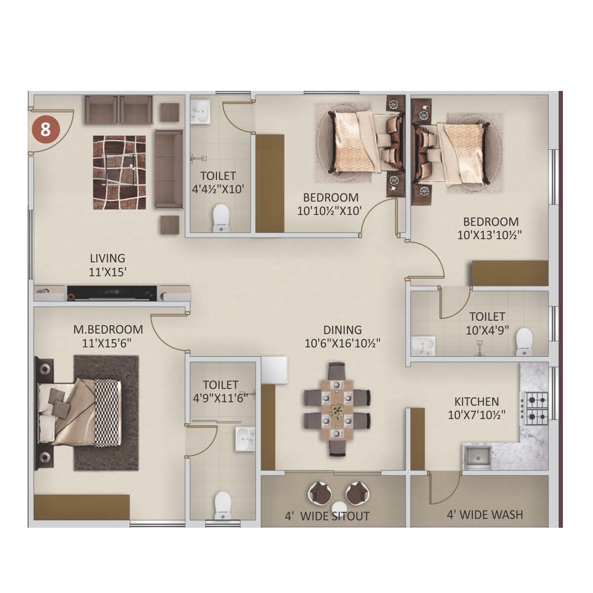Floor plan of 3 BHK 1605 Sq. Ft. Apartment in Nayan Nature Ville, Hyderabad