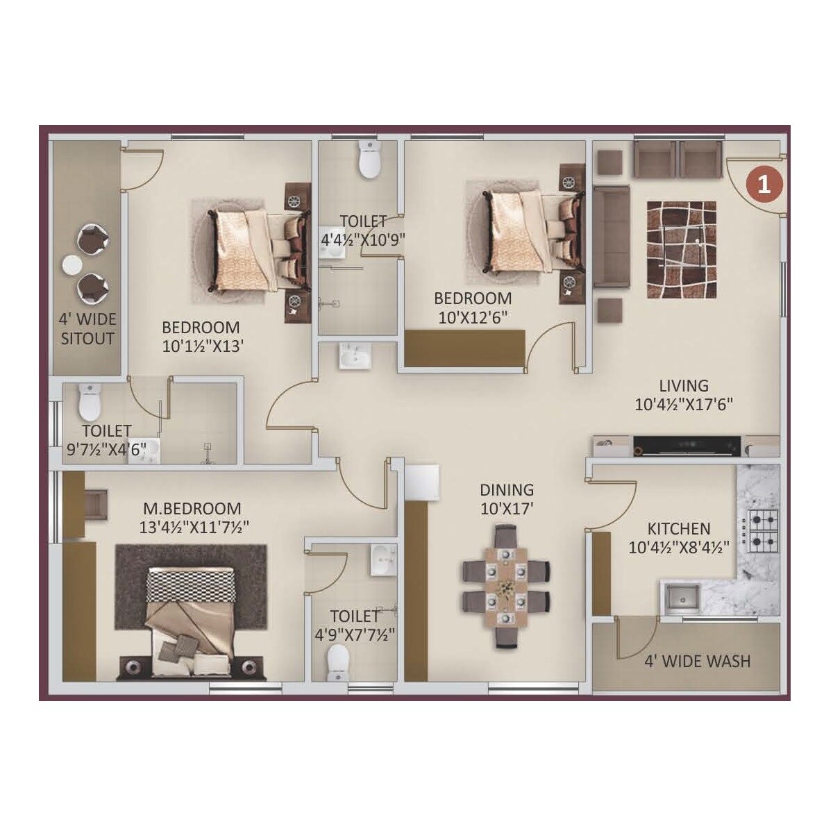 Floor plan of 3 BHK 1650 Sq. Ft. Apartment in Nayan Nature Ville, Hyderabad