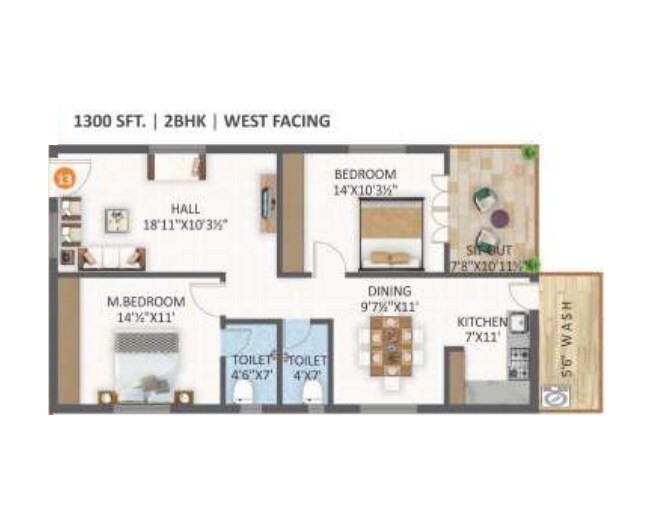 Floor plan of 2 BHK 1300 Sq. Ft. Apartment in Nayans Nature Springs, Hyderabad