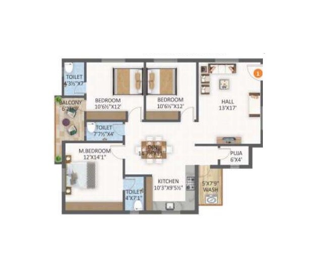 Floor plan of 3 BHK 1575 Sq. Ft. Apartment in Nayans Nature Springs, Hyderabad