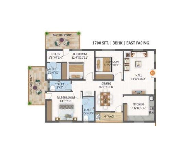Floor plan of 3 BHK 1700 Sq. Ft. Apartment in Nayans Nature Springs, Hyderabad