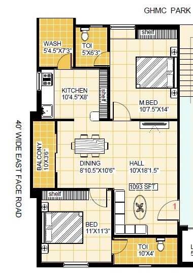 Floor plan of 2 BHK 1093 Sq. Ft. Apartment in NC Lilly Flower, Hyderabad
