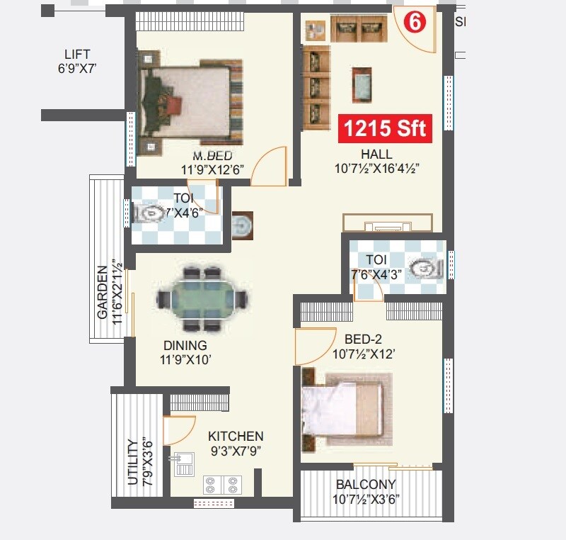 Floor plan of 2 BHK 1215 Sq. Ft. Apartment in NC Vihanga, Hyderabad
