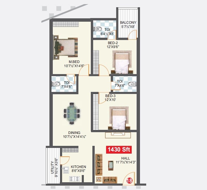 Floor plan of 2 BHK 1430 Sq. Ft. Apartment in NC Vihanga, Hyderabad