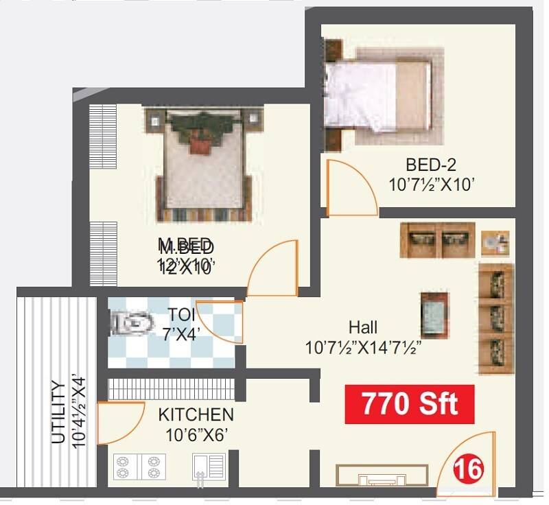 Floor plan of 2 BHK 770 Sq. Ft. Apartment in NC Vihanga, Hyderabad