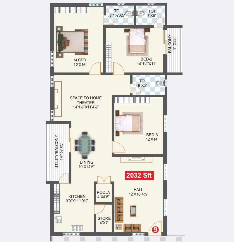 Floor plan of 3 BHK 2033 Sq. Ft. Apartment in NC Vihanga, Hyderabad