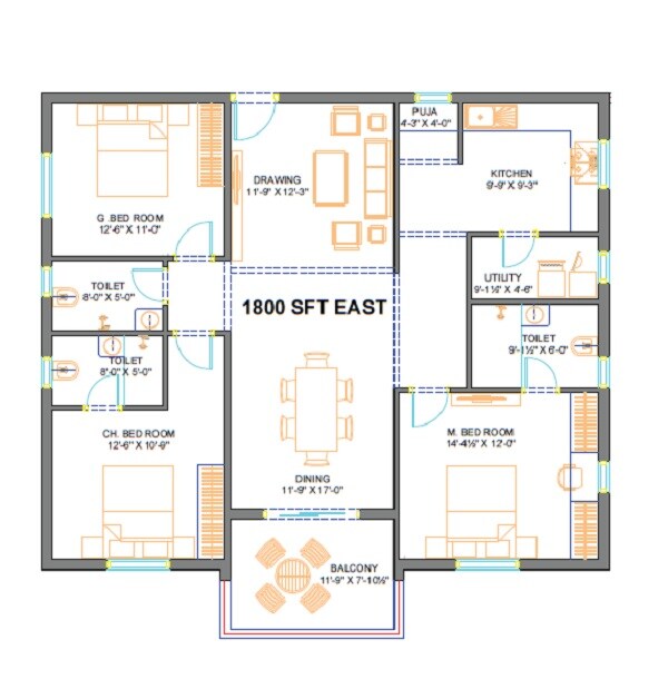Floor plan of 3 BHK 1800 Sq. Ft. Apartment in NCC Cyber Urbania, Hyderabad