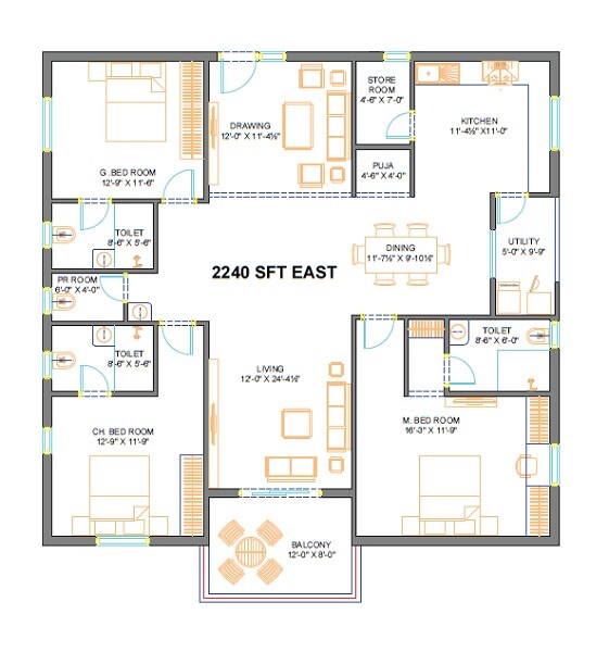 Floor plan of 3 BHK 2240 Sq. Ft. Apartment in NCC Cyber Urbania, Hyderabad