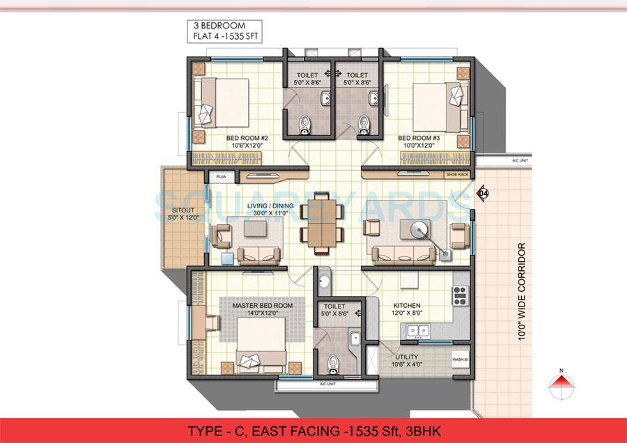 Floor plan of 3 BHK 1535 Sq. Ft. Apartment in NCC Urban One, Hyderabad