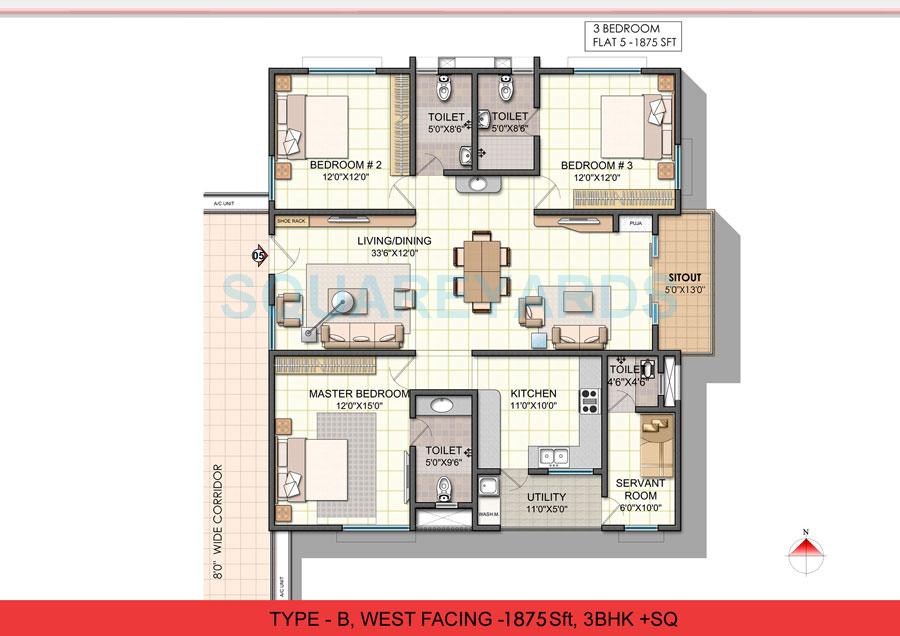 Floor plan of 3 BHK 1875 Sq. Ft. Apartment in NCC Urban One, Hyderabad